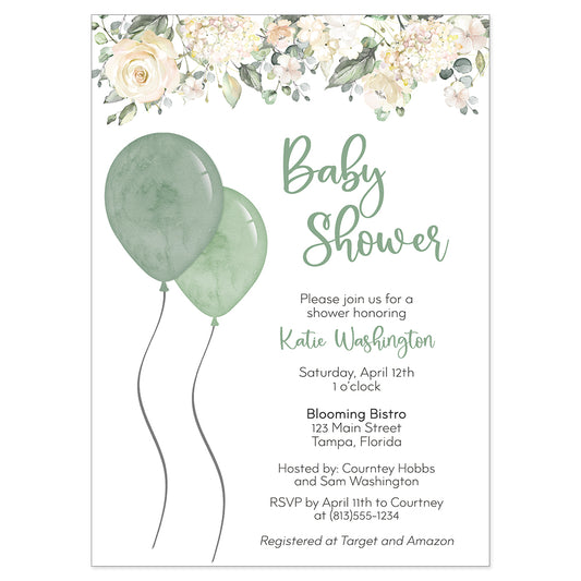 Sage Balloon Baby Shower Invitation