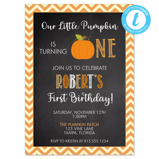 DIGITAL: Chalkboard Pumpkin Birthday Party Invitation