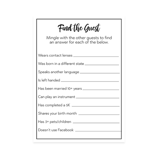 Find the Guest Bridal Shower Game Card